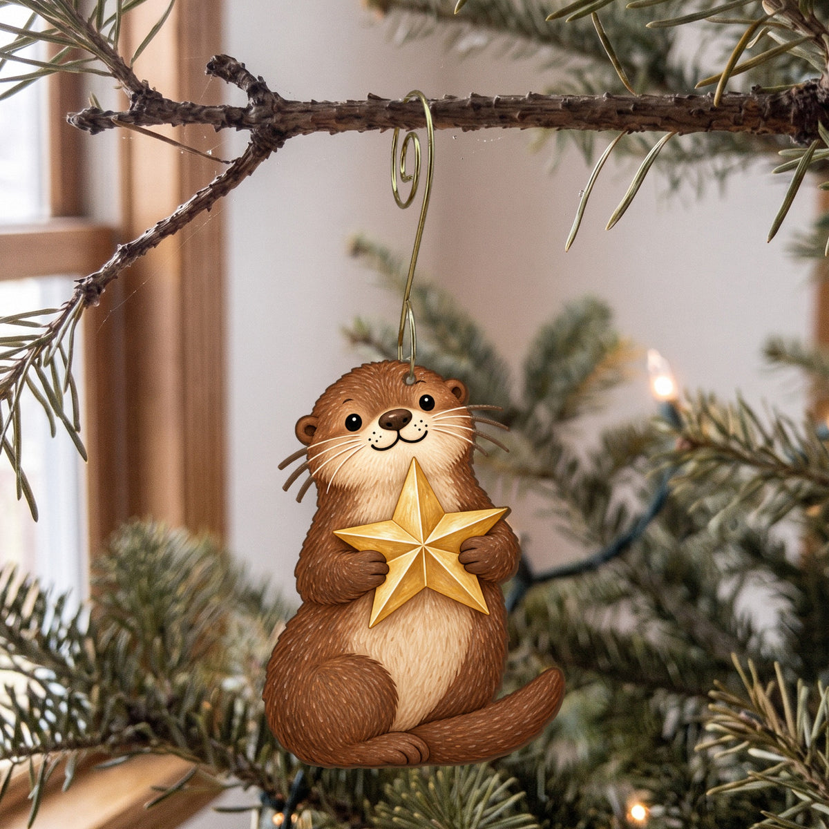Laser-cut maple wood Christmas ornament O47 hanging on a fir branch, made in USA