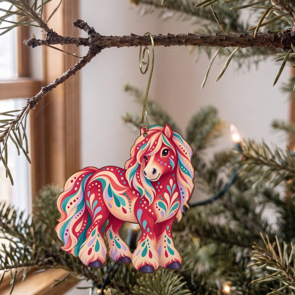Laser-cut maple wood Shetland Pony folk art ornament O480 hanging on a fir branch, made in USA