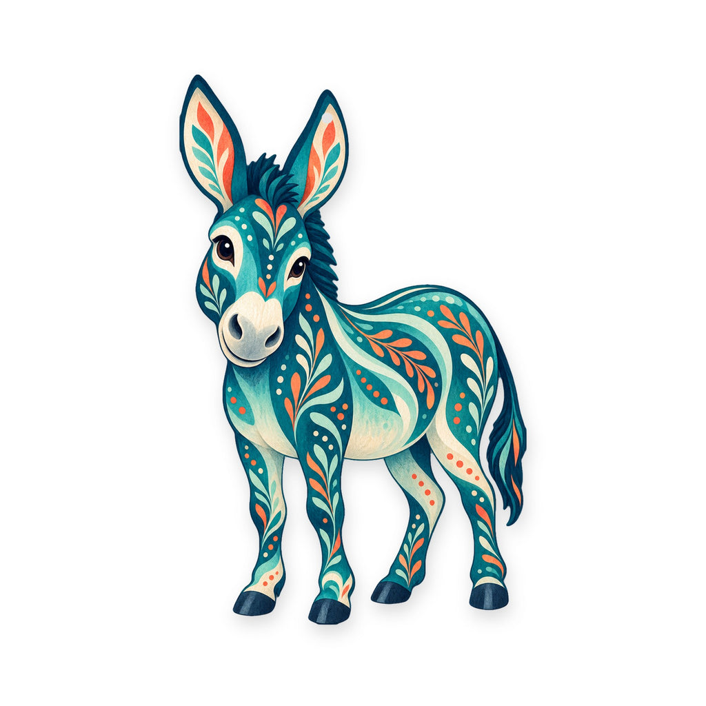 Donkey folk art ornament O481 on white, laser-cut maple wood, made in USA