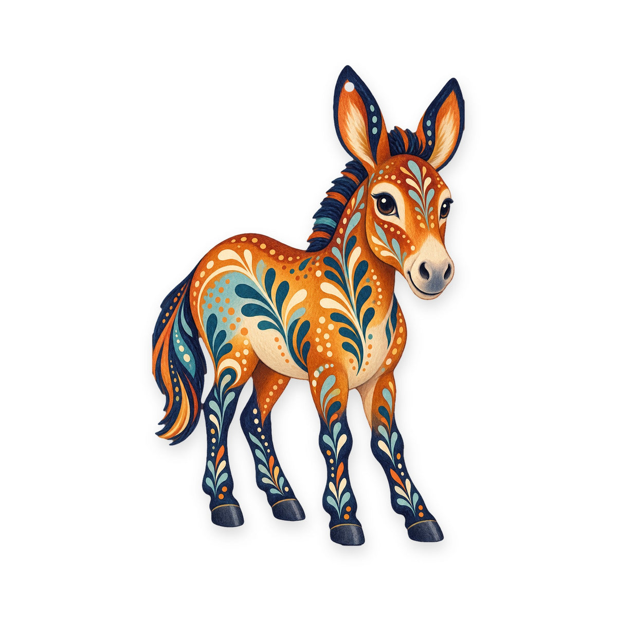 Miniature Mule folk art ornament O482 on white, laser-cut maple wood, made in USA
