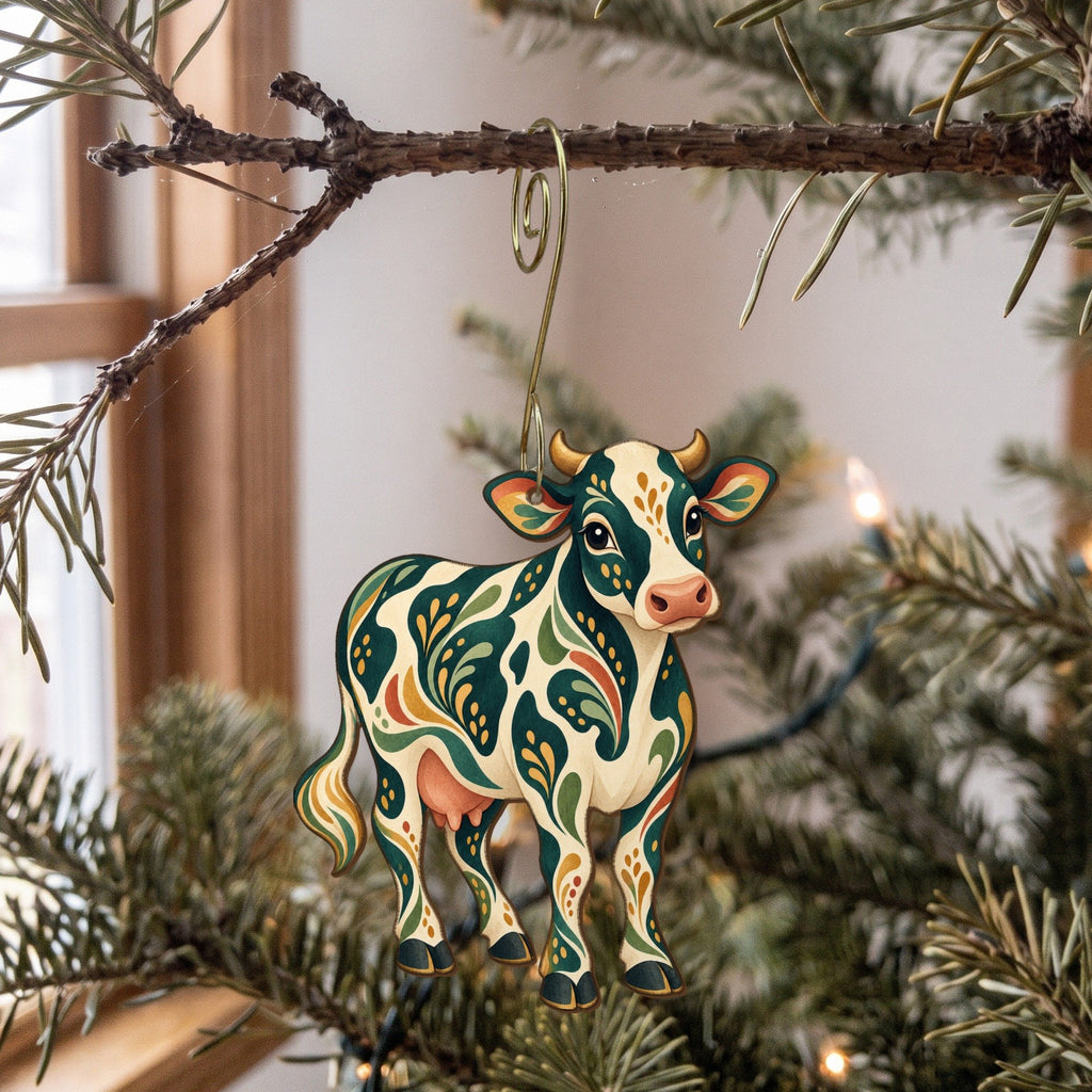Laser-cut maple wood Holstein Cow folk art ornament O483 hanging on a fir branch, made in USA