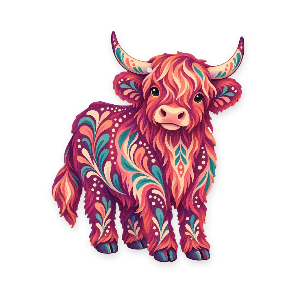 Highland Cow folk art ornament O484 on white, laser-cut maple wood, made in USA