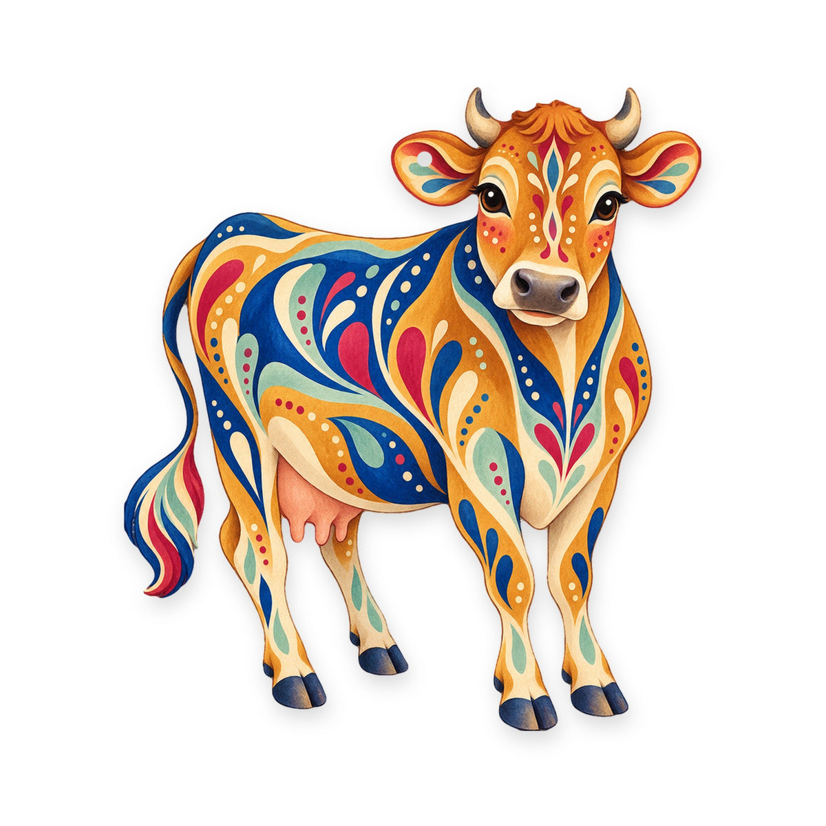 Jersey Cow folk art ornament O485 on white, laser-cut maple wood, made in USA