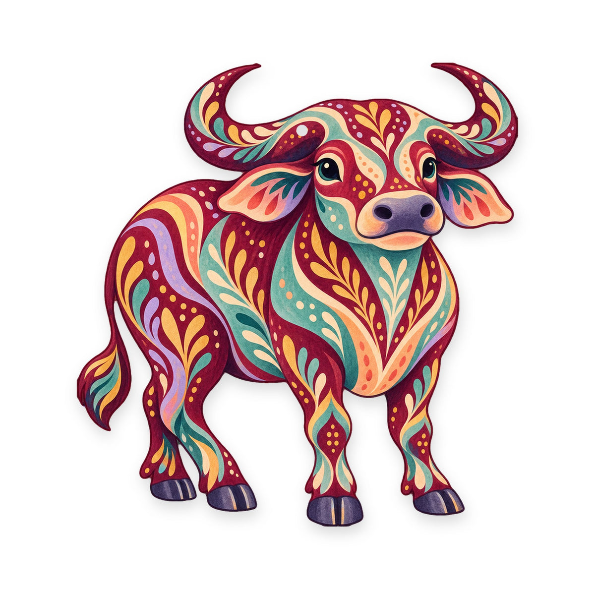 Water Buffalo folk art ornament O486 on white, laser-cut maple wood, made in USA