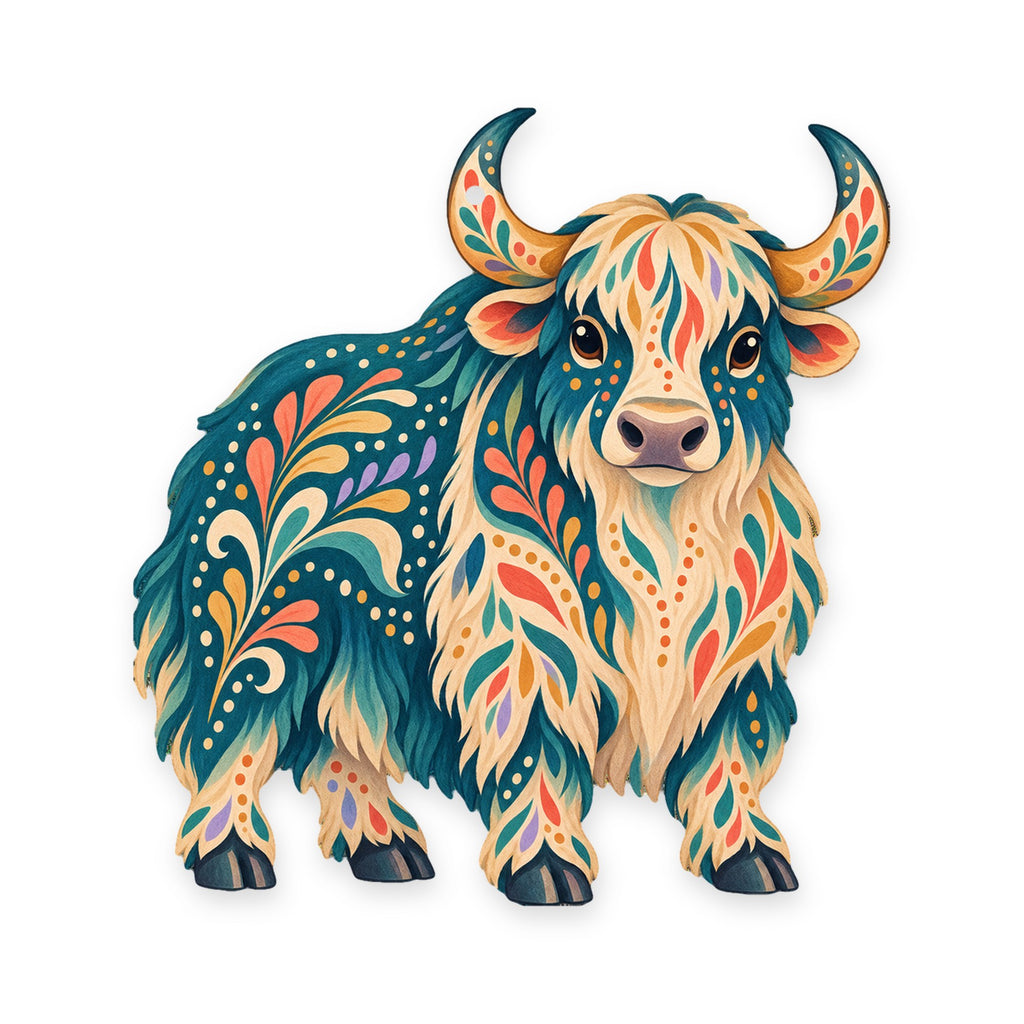 Domestic Yak folk art ornament O487 on white, laser-cut maple wood, made in USA