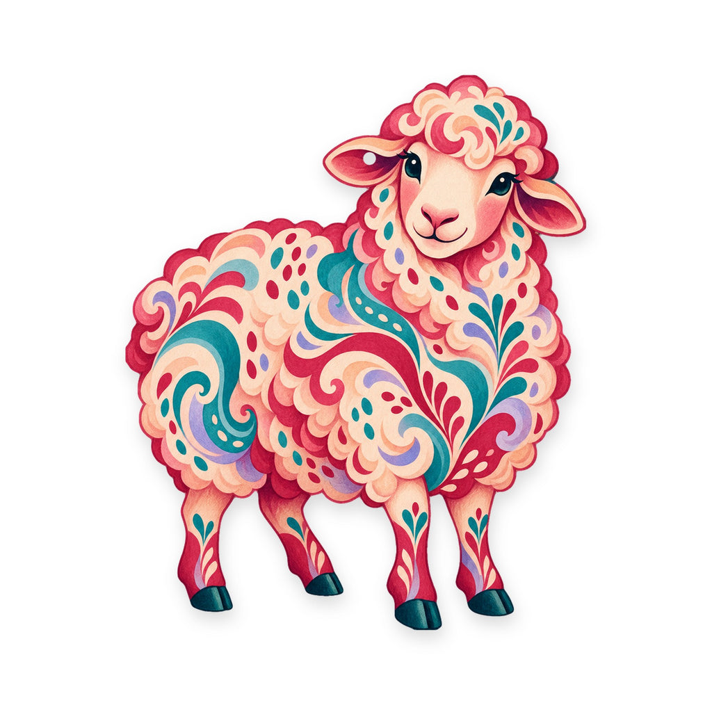 Merino Sheep folk art ornament O488 on white, laser-cut maple wood, made in USA
