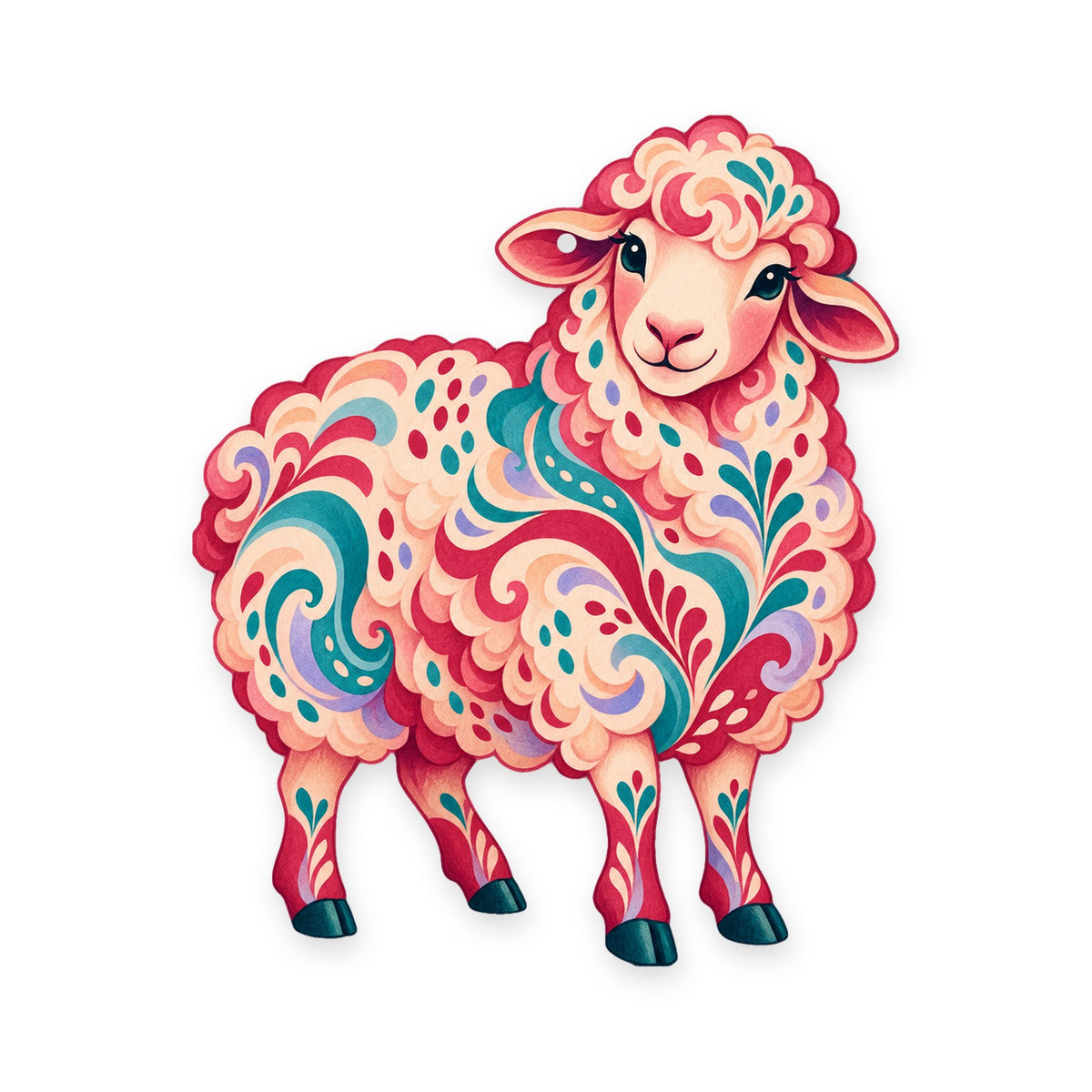 Merino Sheep folk art ornament O488 on white, laser-cut maple wood, made in USA