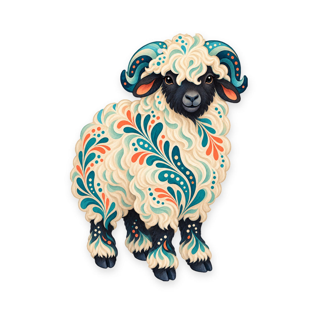 Valais Blacknose Sheep folk art ornament O489 on white, laser-cut maple wood, made in USA