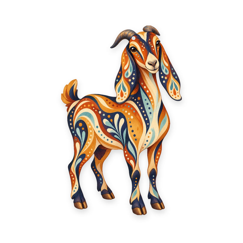 Nubian Goat folk art ornament O490 on white, laser-cut maple wood, made in USA