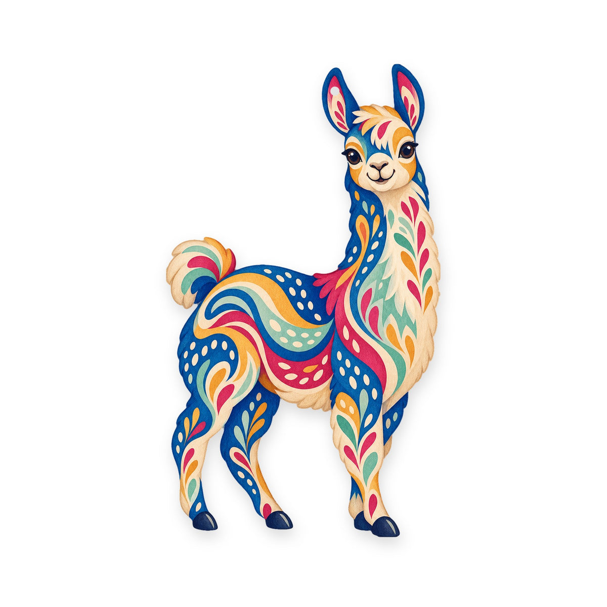 Llama folk art ornament O493 on white, laser-cut maple wood, made in USA