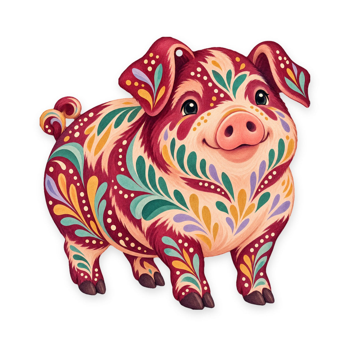 Kunekune Pig folk art ornament O494 on white, laser-cut maple wood, made in USA