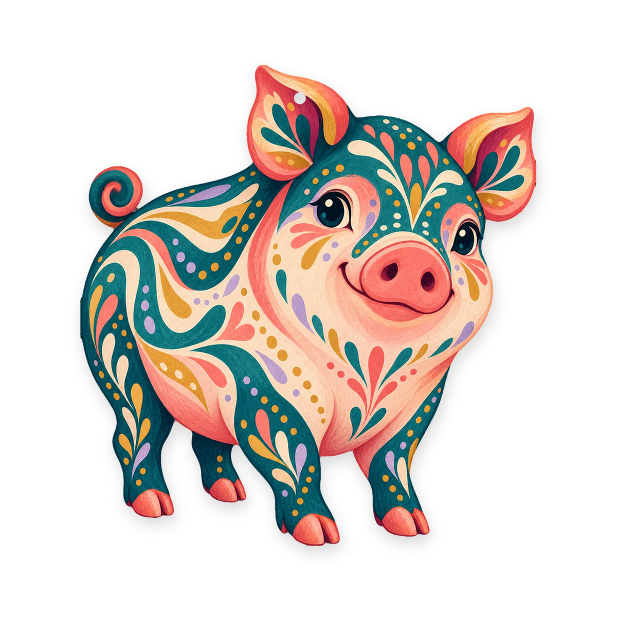 Pot-Bellied Pig folk art ornament O495 on white, laser-cut maple wood, made in USA