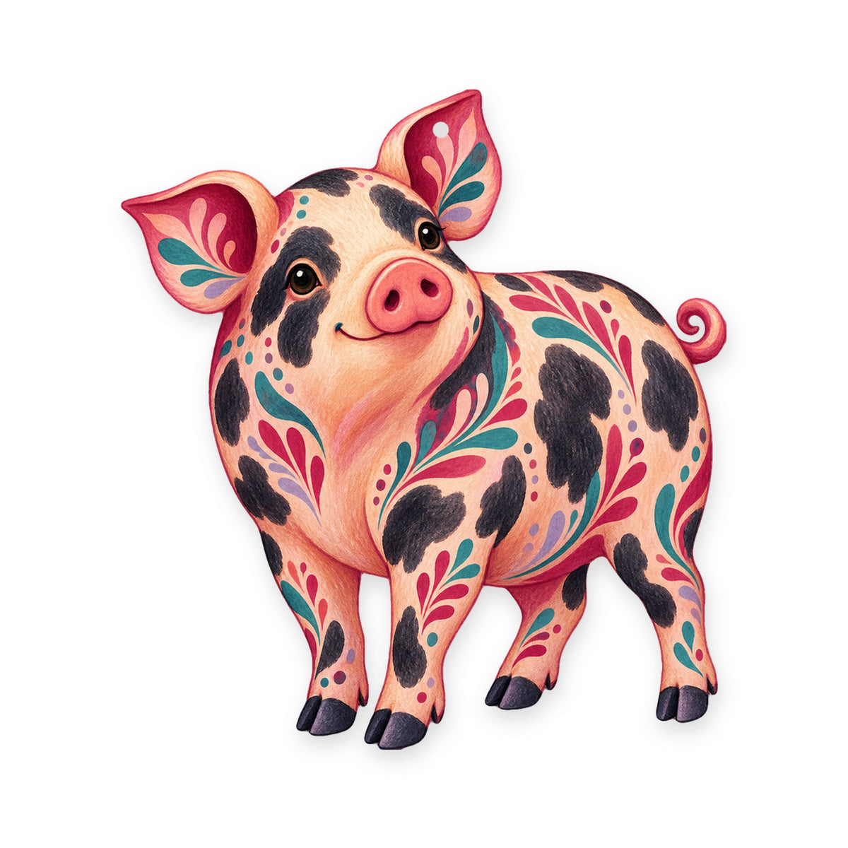 Gloucestershire Spotted Pig folk art ornament O496 on white, laser-cut maple wood, made in USA
