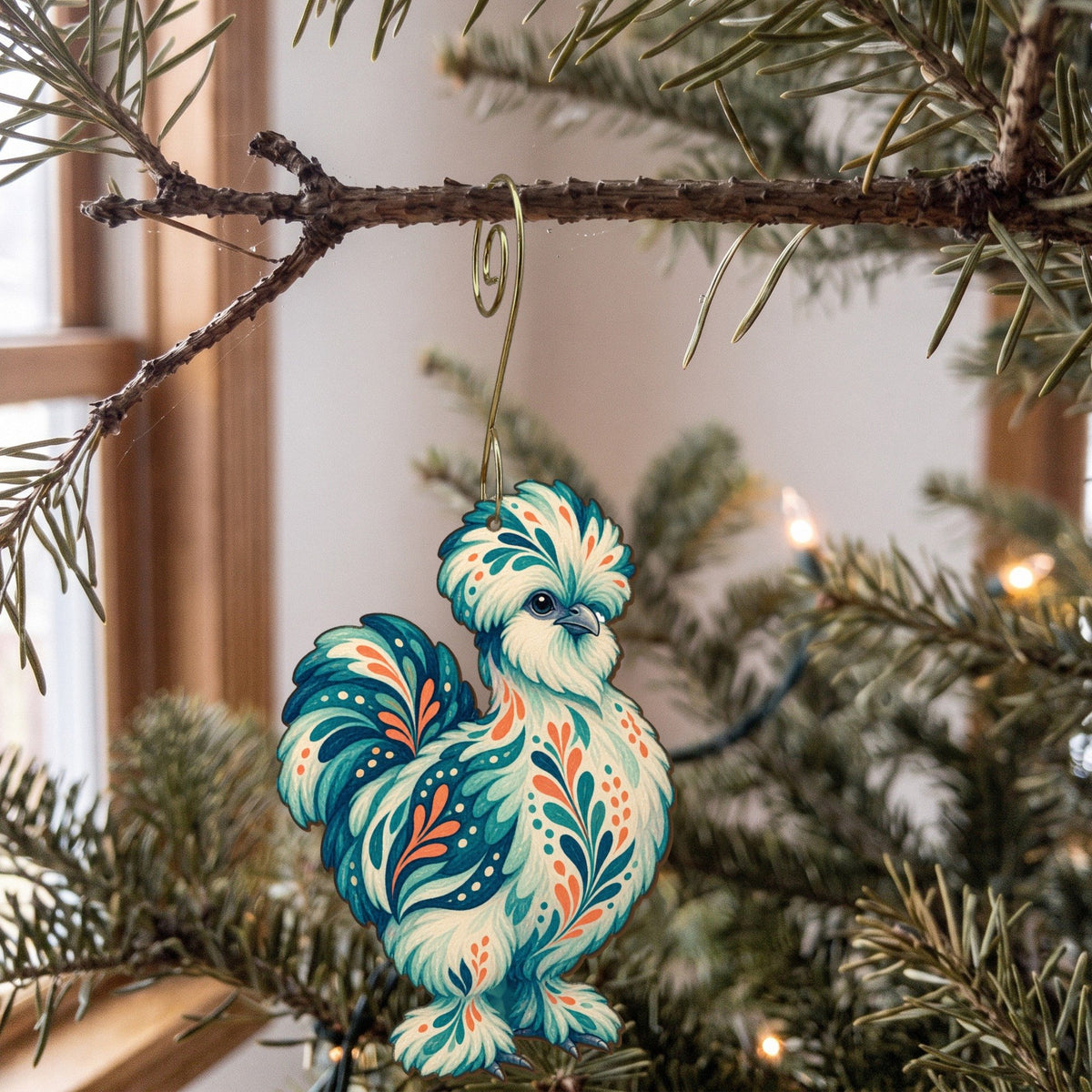 Laser-cut maple wood Silkie Chicken folk art ornament O497 hanging on a fir branch, made in USA