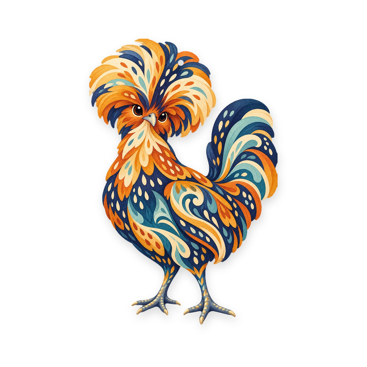 Polish Crested Chicken folk art ornament O498 on white, laser-cut maple wood, made in USA
