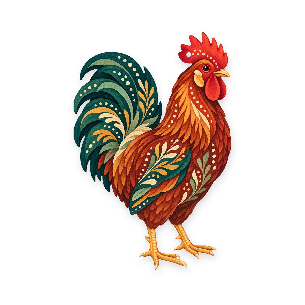 Rhode Island Red Rooster folk art ornament O499 on white, laser-cut maple wood, made in USA