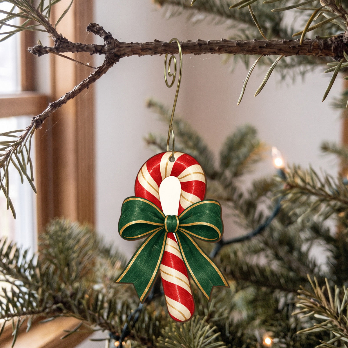 Laser-cut maple wood Christmas ornament O4 hanging on a fir branch, made in USA