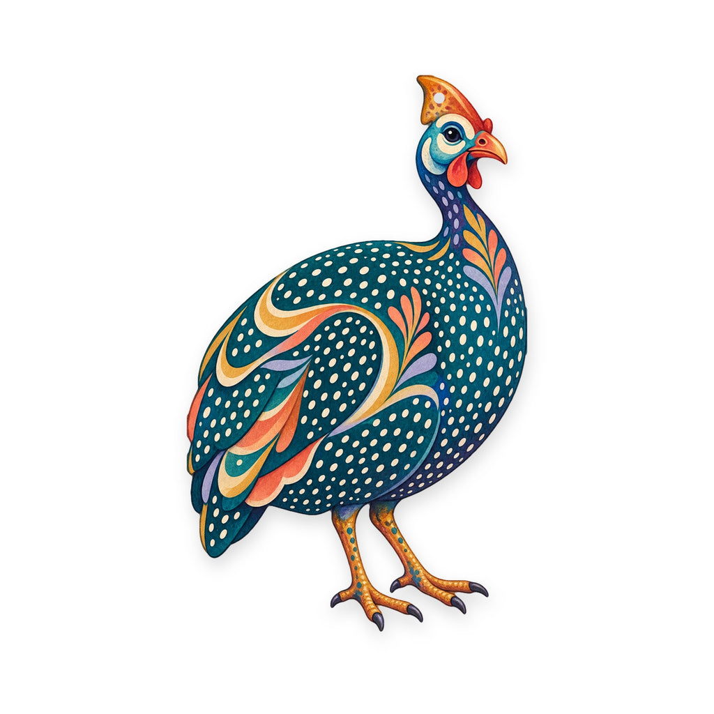 Helmeted Guineafowl folk art ornament O503 on white, laser-cut maple wood, made in USA
