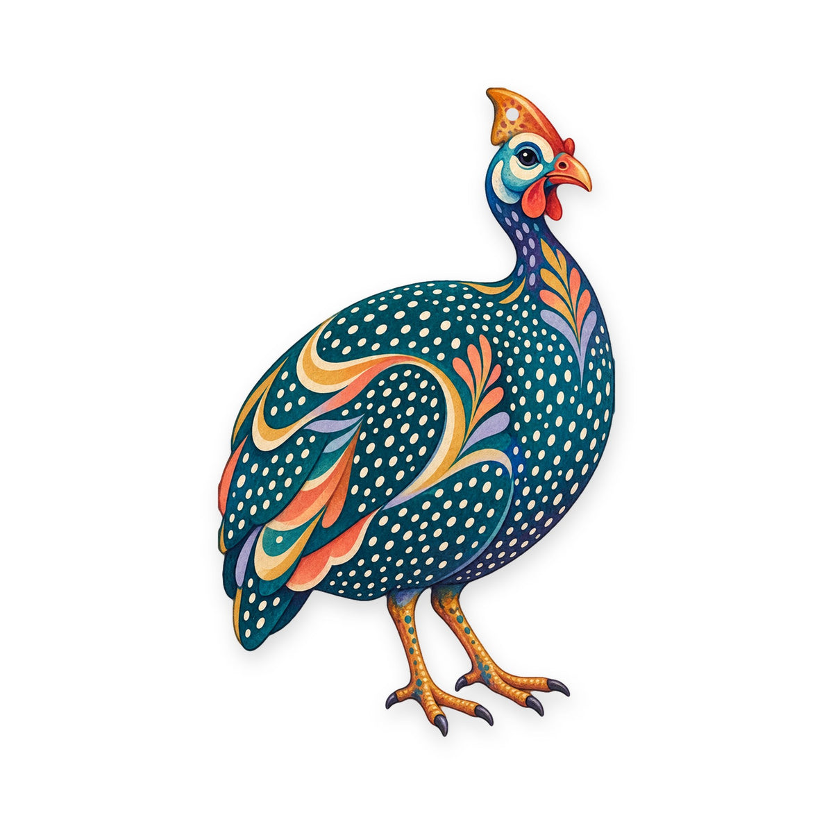 Helmeted Guineafowl folk art ornament O503 on white, laser-cut maple wood, made in USA