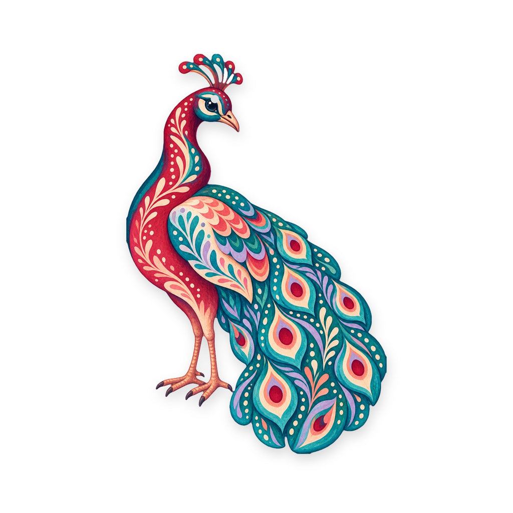 Indian Peafowl folk art ornament O504 on white, laser-cut maple wood, made in USA