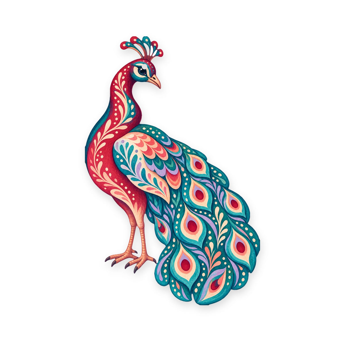 Indian Peafowl folk art ornament O504 on white, laser-cut maple wood, made in USA