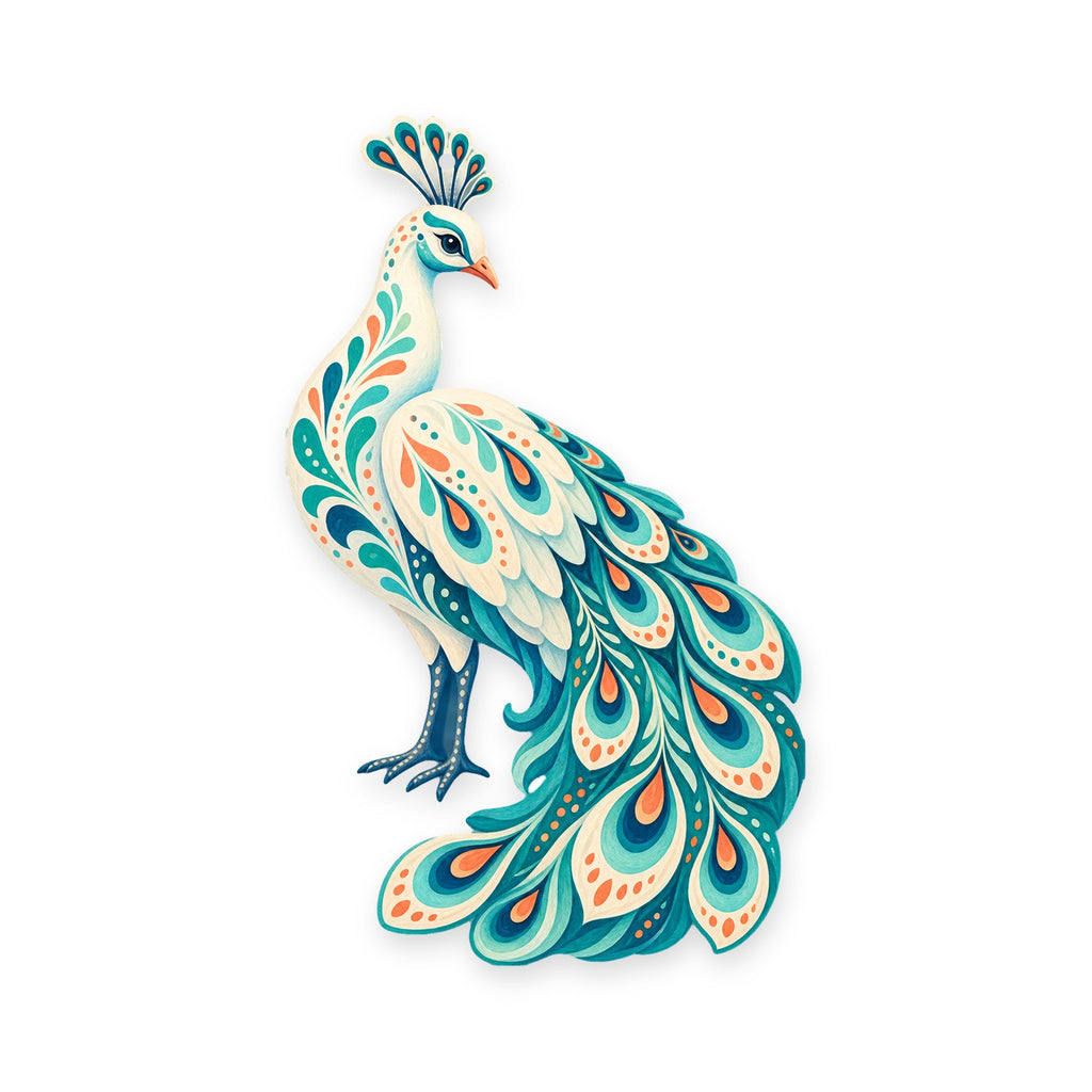 White Peacock folk art ornament O505 on white, laser-cut maple wood, made in USA