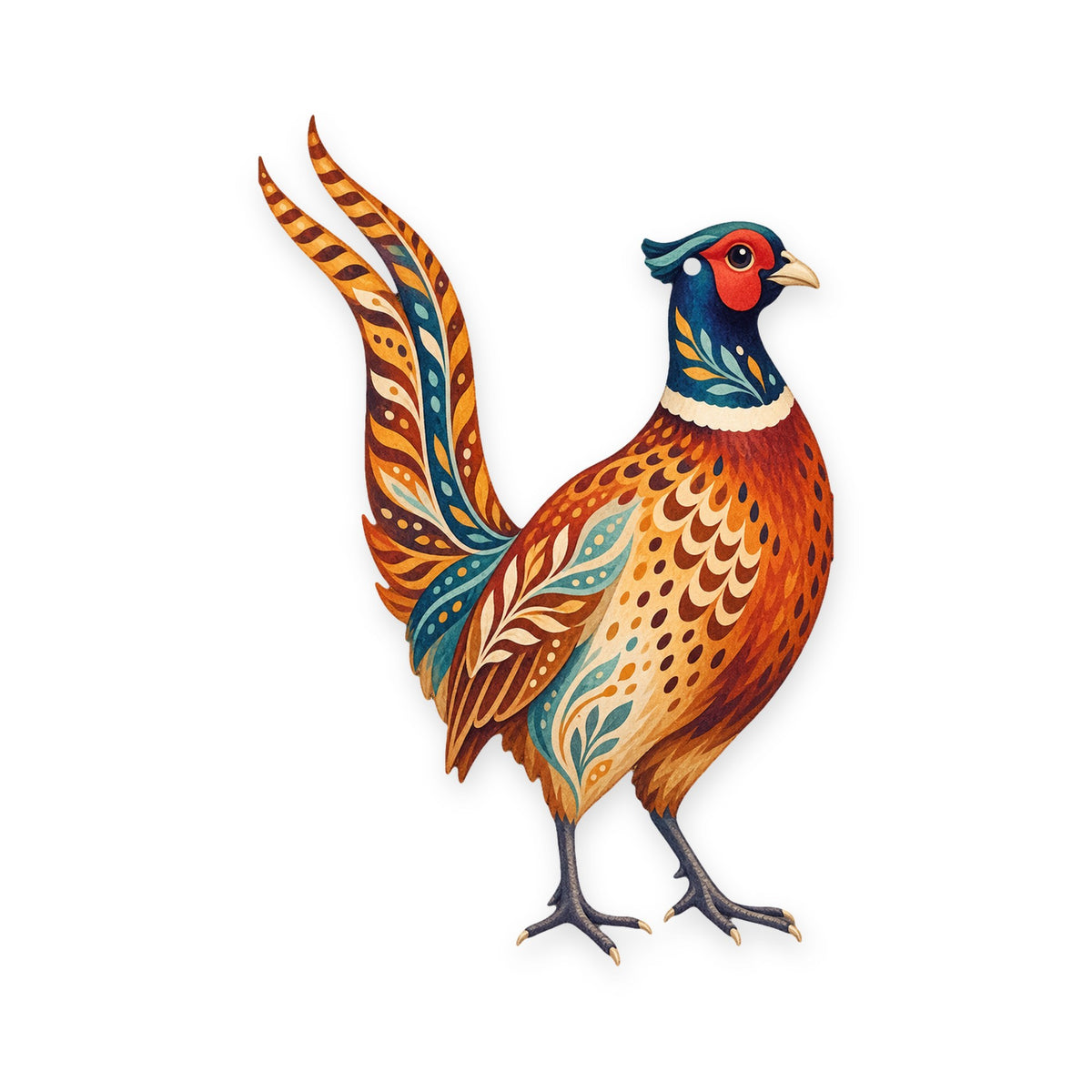 Ring-Necked Pheasant folk art ornament O506 on white, laser-cut maple wood, made in USA