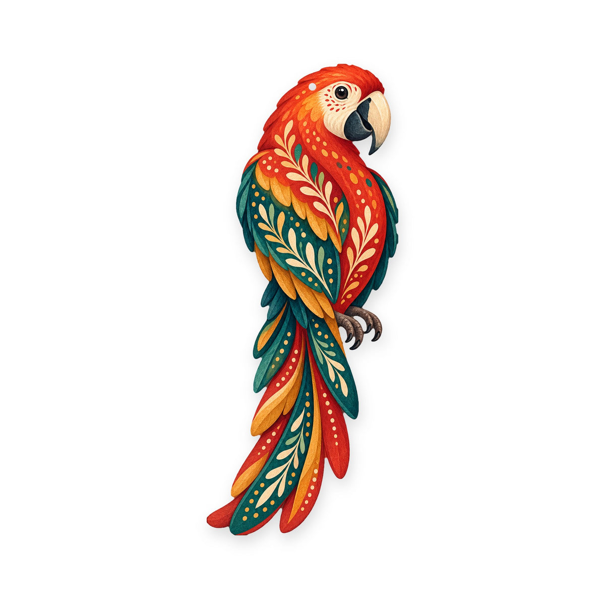 Scarlet Macaw folk art ornament O507 on white, laser-cut maple wood, made in USA