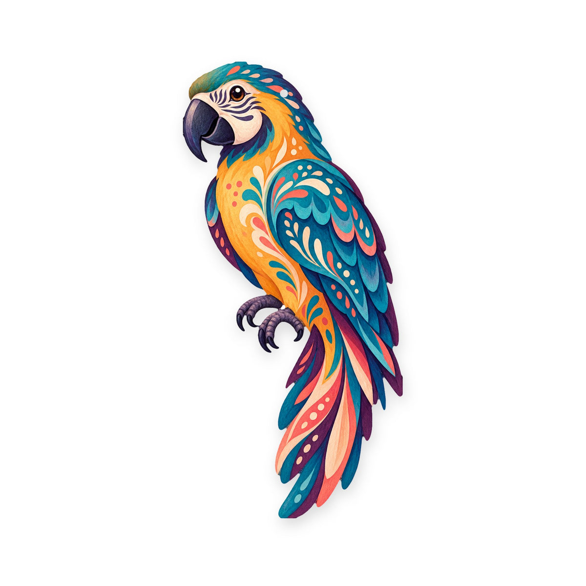 Blue-And-Gold Macaw folk art ornament O508 on white, laser-cut maple wood, made in USA