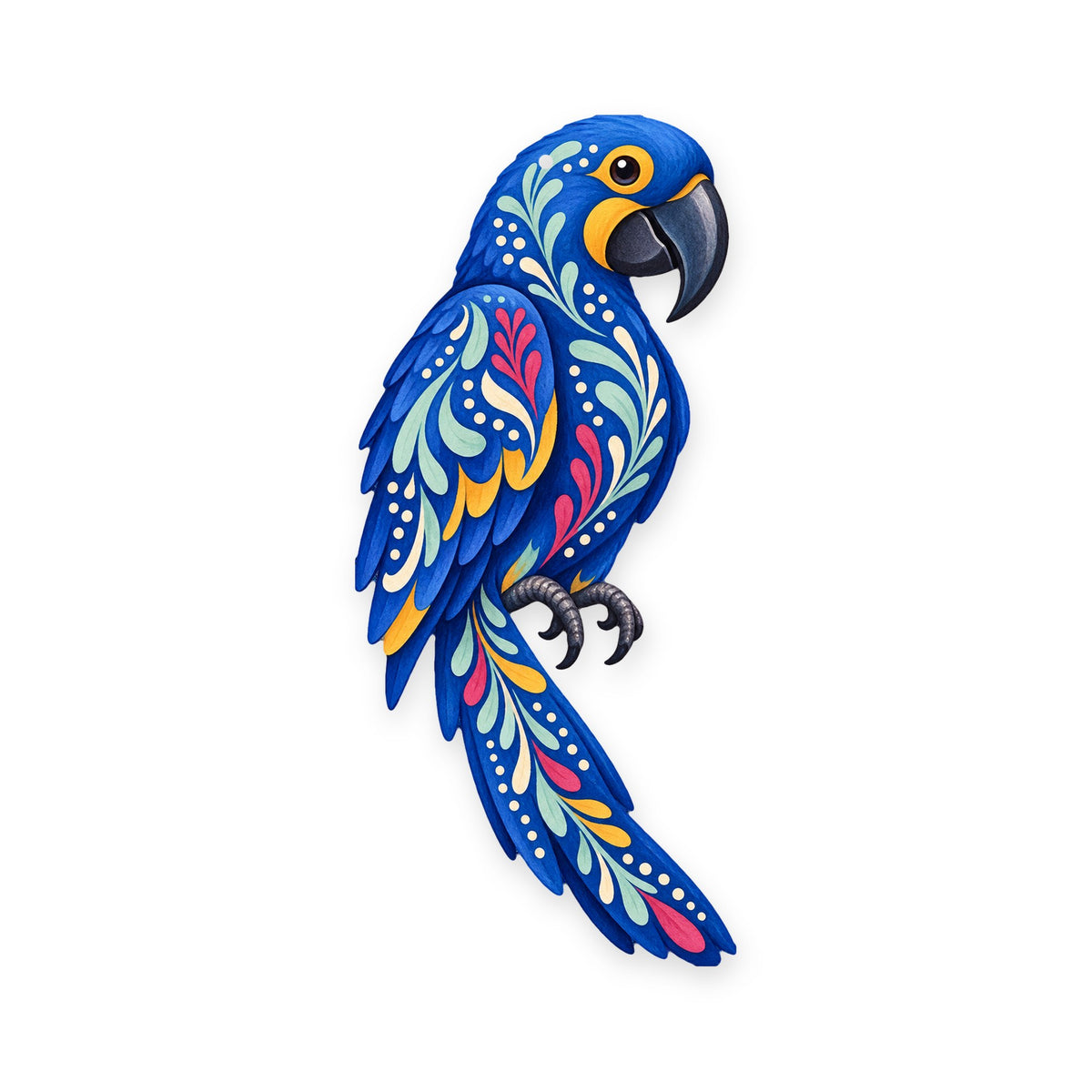 Hyacinth Macaw folk art ornament O509 on white, laser-cut maple wood, made in USA