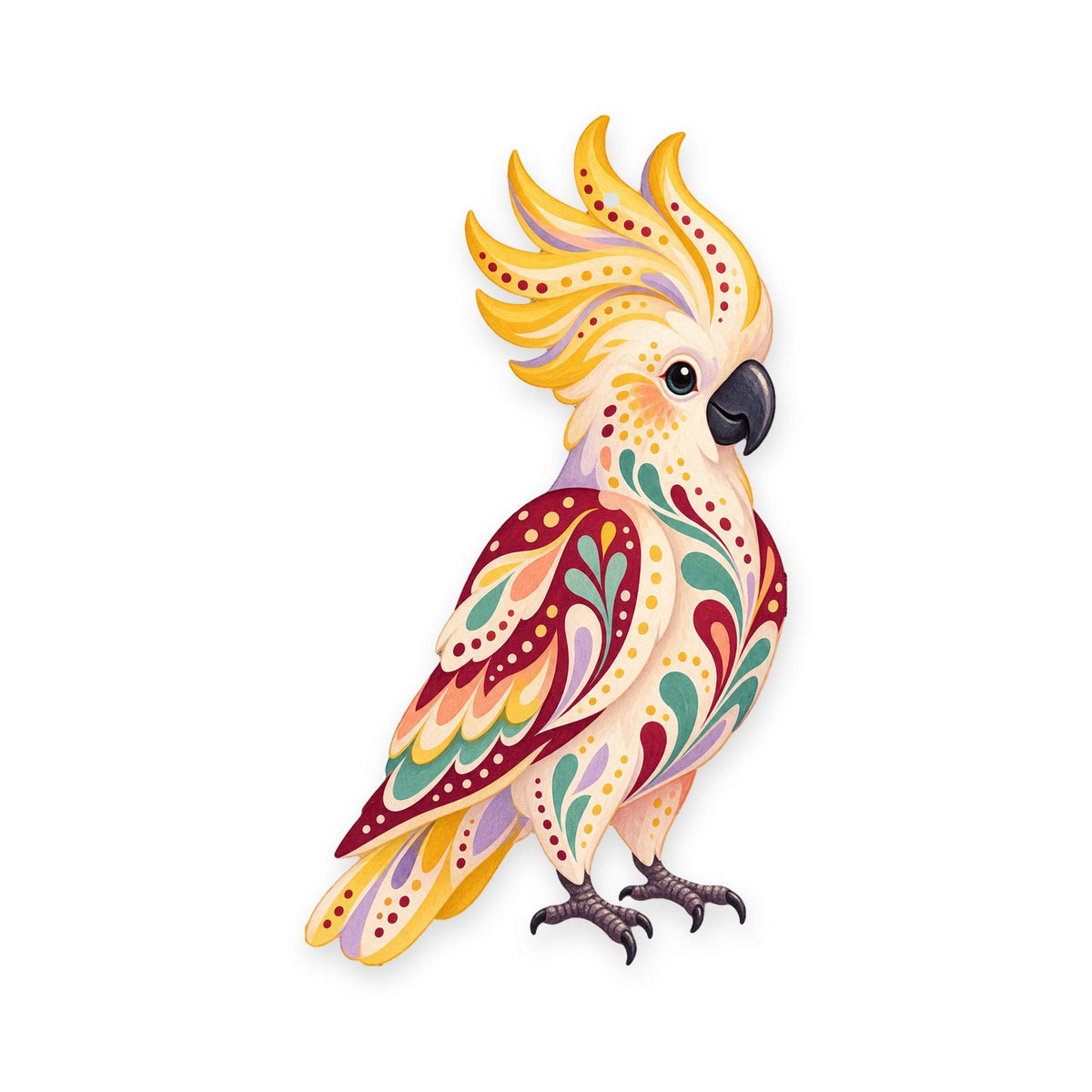 Sulphur-Crested Cockatoo folk art ornament O510 on white, laser-cut maple wood, made in USA
