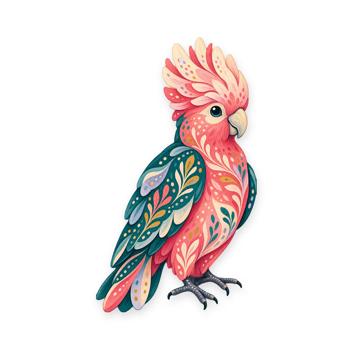 Galah Cockatoo folk art ornament O511 on white, laser-cut maple wood, made in USA