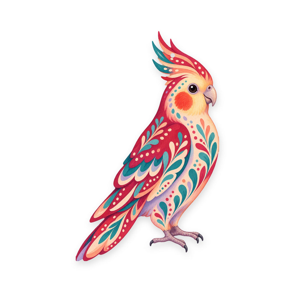 Cockatiel folk art ornament O512 on white, laser-cut maple wood, made in USA