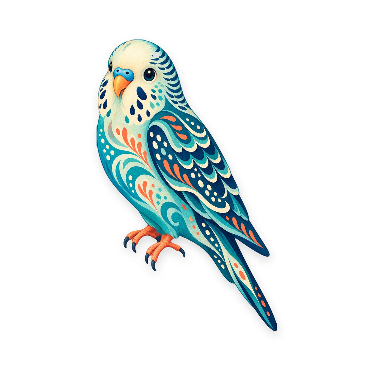 Budgerigar folk art ornament O513 on white, laser-cut maple wood, made in USA