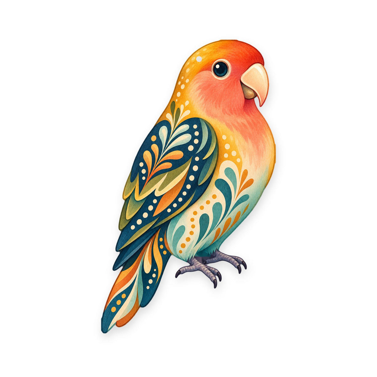 Peach-Faced Lovebird folk art ornament O514 on white, laser-cut maple wood, made in USA