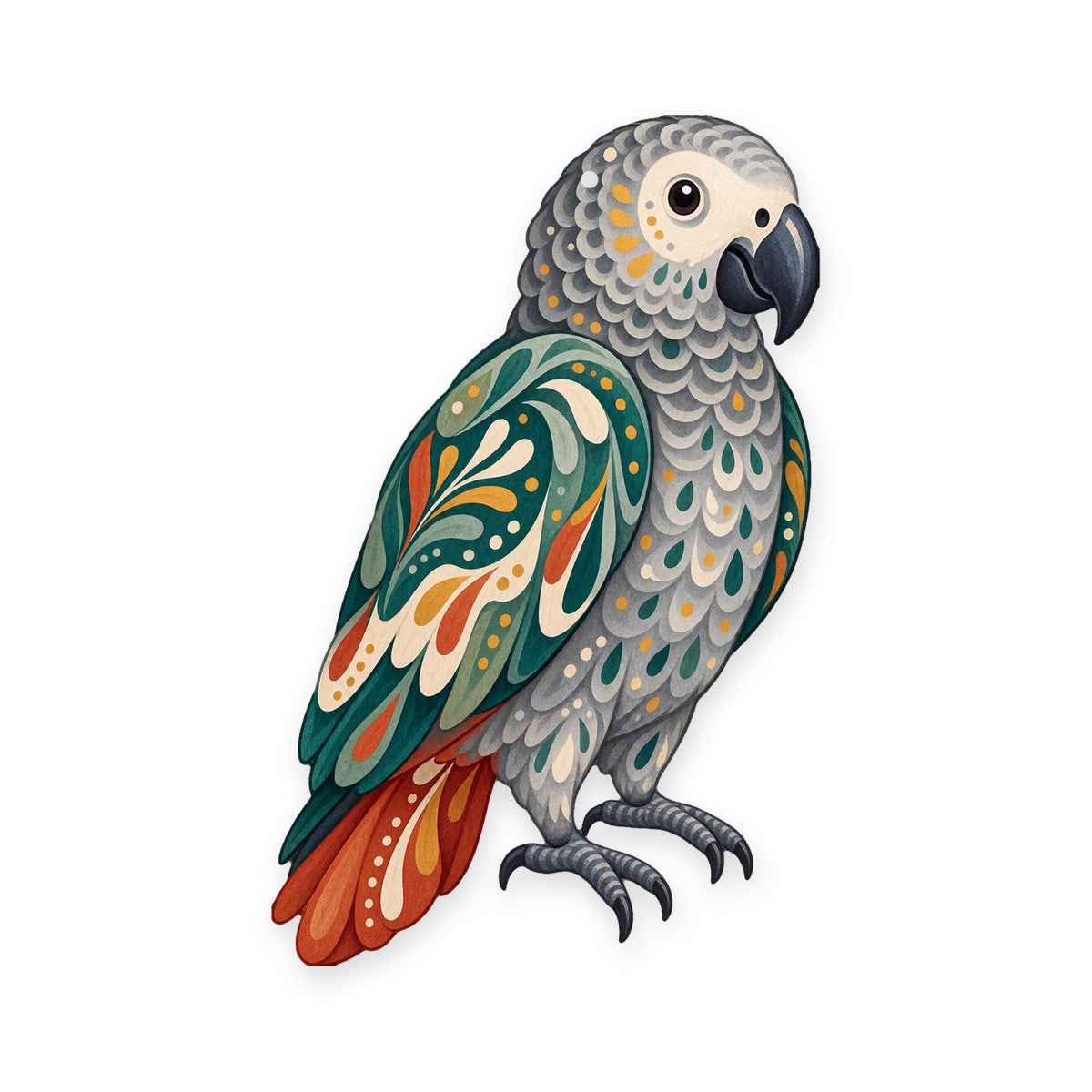 African Gray Parrot folk art ornament O515 on white, laser-cut maple wood, made in USA