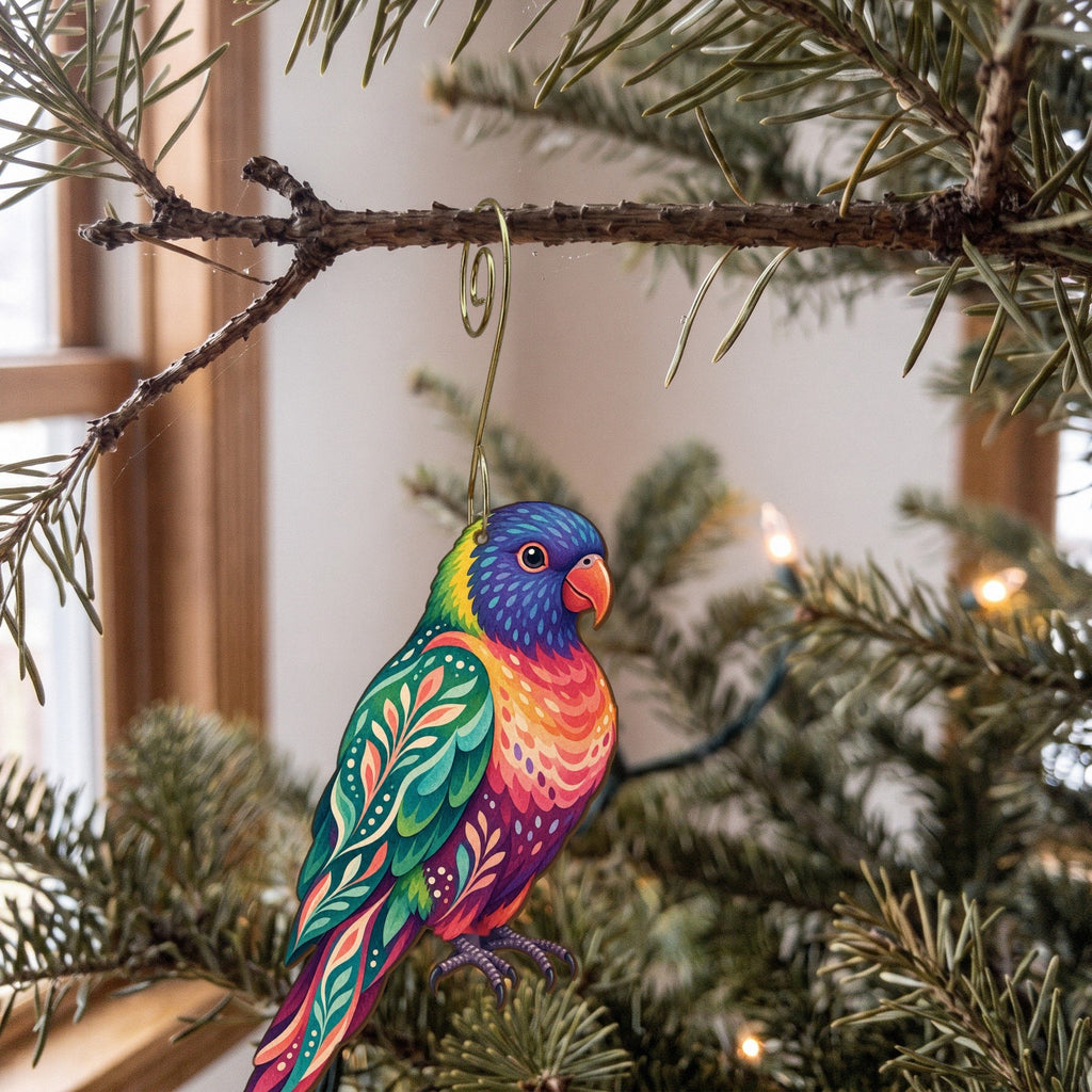 Laser-cut maple wood Rainbow Lorikeet folk art ornament O516 hanging on a fir branch, made in USA
