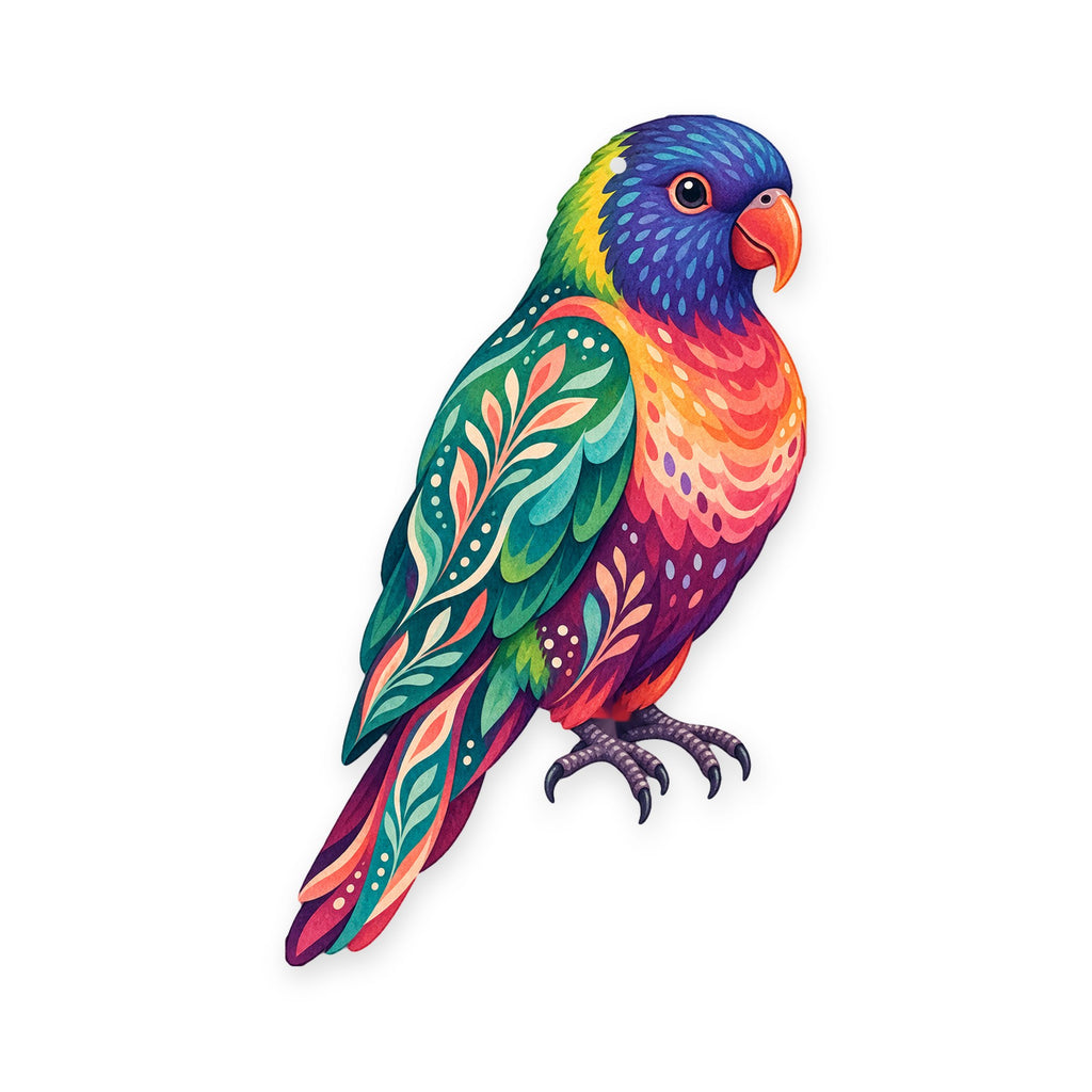 Rainbow Lorikeet folk art ornament O516 on white, laser-cut maple wood, made in USA