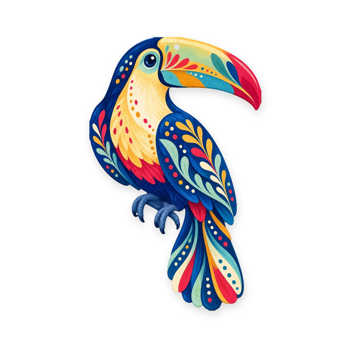 Keel-Billed Toucan folk art ornament O517 on white, laser-cut maple wood, made in USA