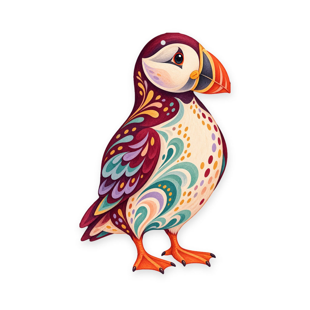 Atlantic Puffin folk art ornament O518 on white, laser-cut maple wood, made in USA