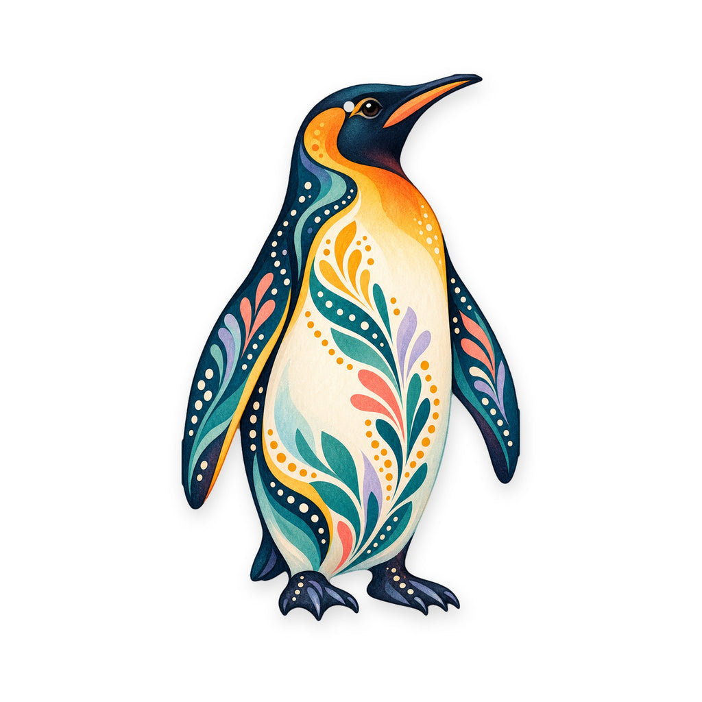 King Penguin folk art ornament O519 on white, laser-cut maple wood, made in USA
