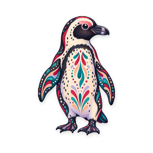 African Penguin folk art ornament O520 on white, laser-cut maple wood, made in USA