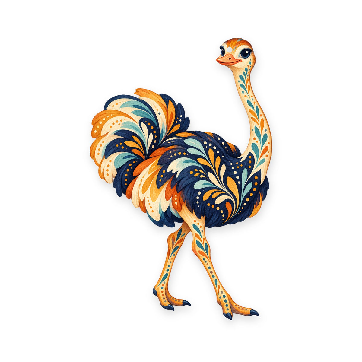 Ostrich folk art ornament O522 on white, laser-cut maple wood, made in USA