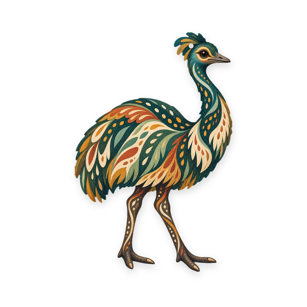 Emu folk art ornament O523 on white, laser-cut maple wood, made in USA