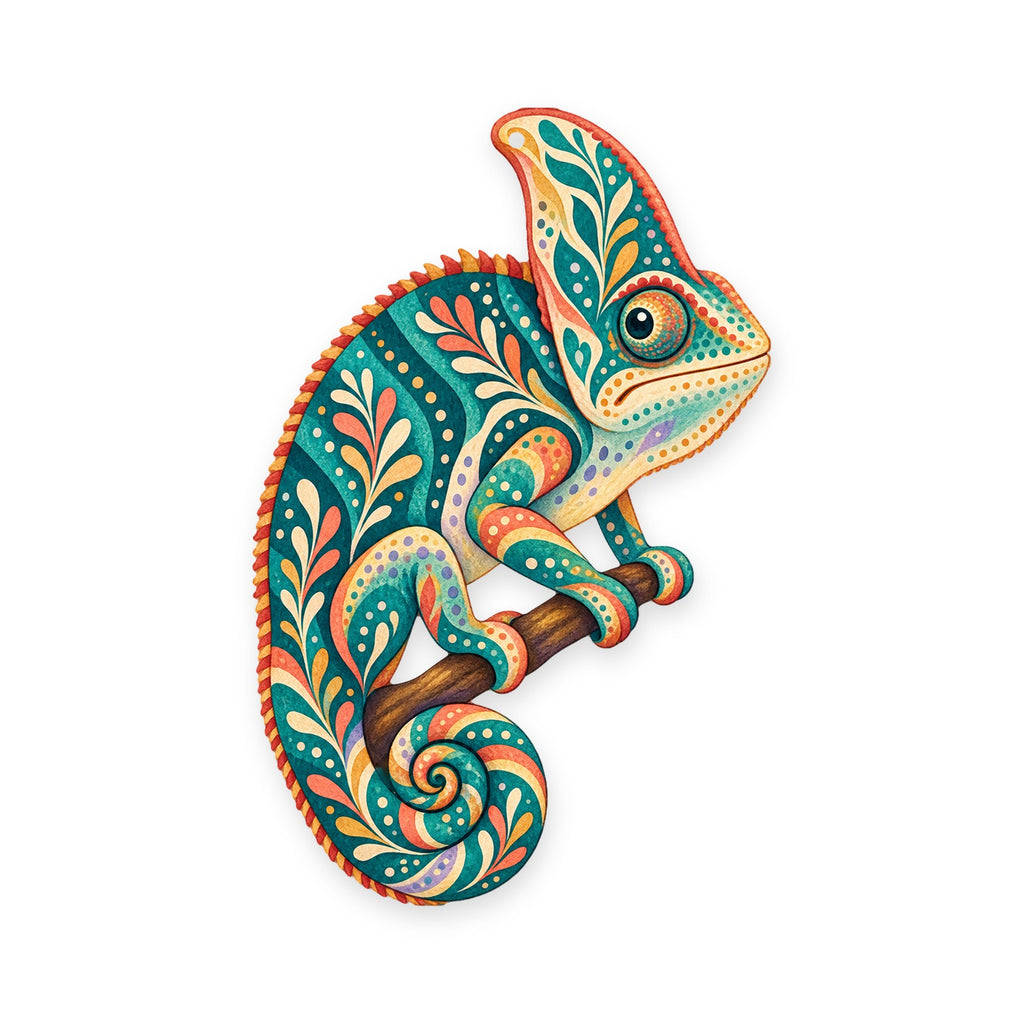 Veiled Chameleon folk art ornament O527 on white, laser-cut maple wood, made in USA