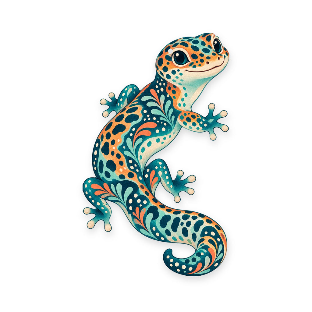 Leopard Gecko folk art ornament O529 on white, laser-cut maple wood, made in USA