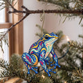 Laser-cut maple wood Blue Poison Dart Frog folk art ornament O533 hanging on a fir branch, made in USA