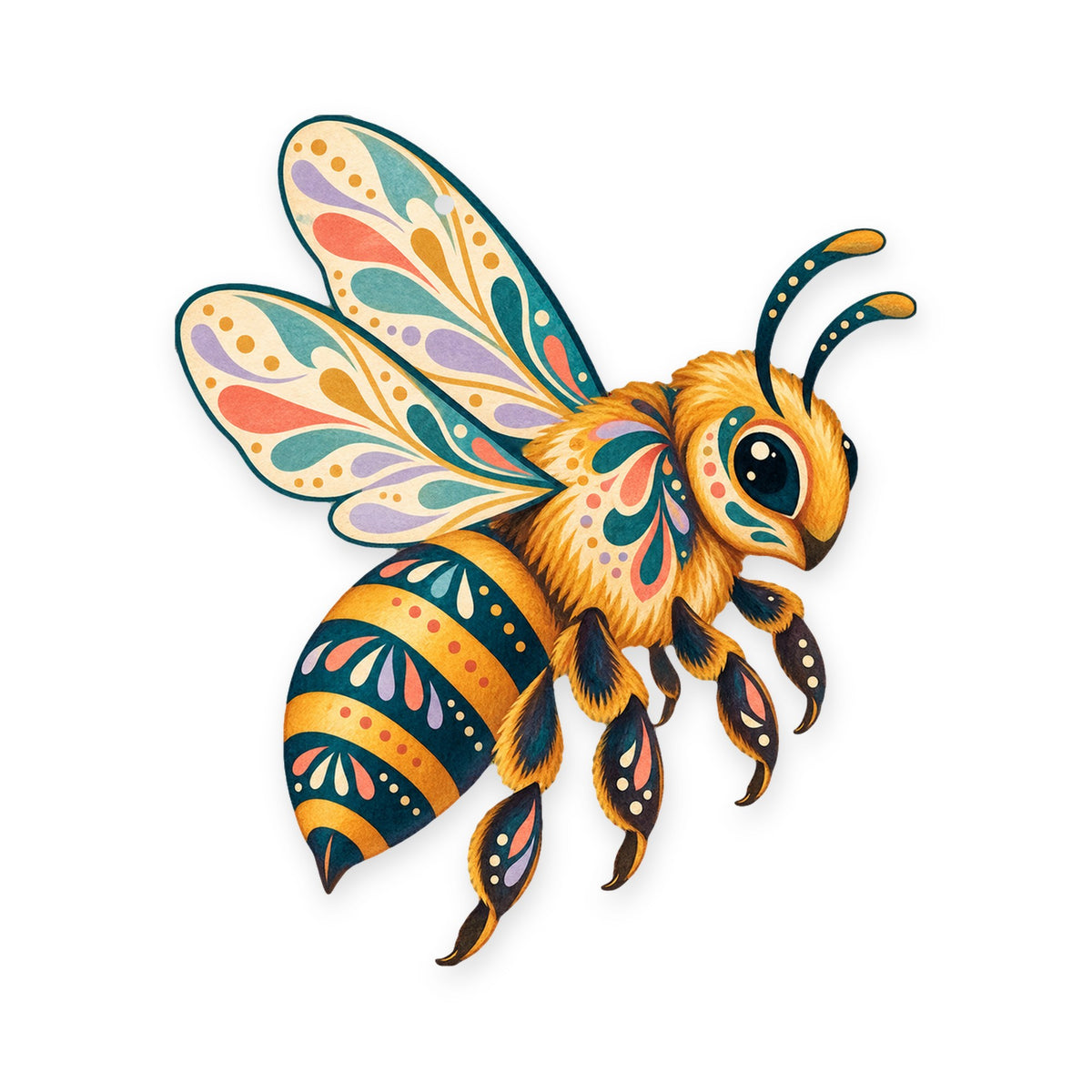 Honeybee folk art ornament O535 on white, laser-cut maple wood, made in USA