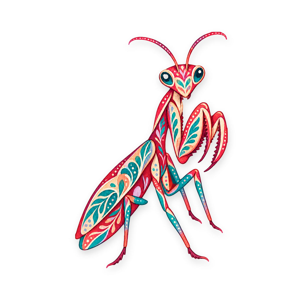 Praying Mantis folk art ornament O536 on white, laser-cut maple wood, made in USA