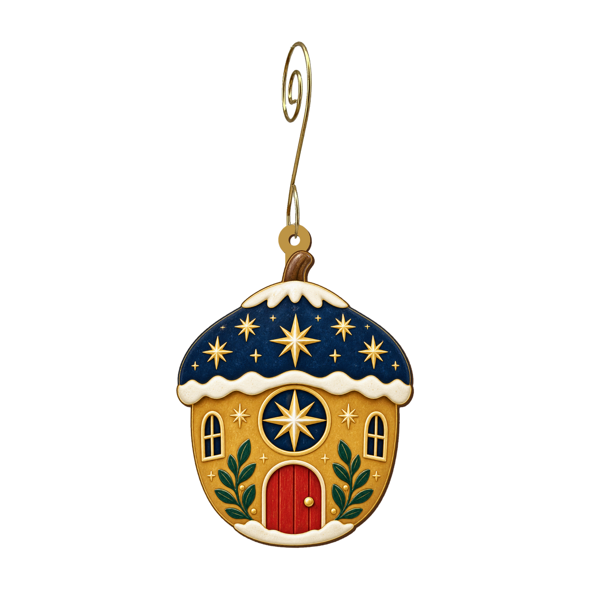 Starlit Acorn House Ornament O539, full-color laser-cut maple wood by Green Tree Jewelry